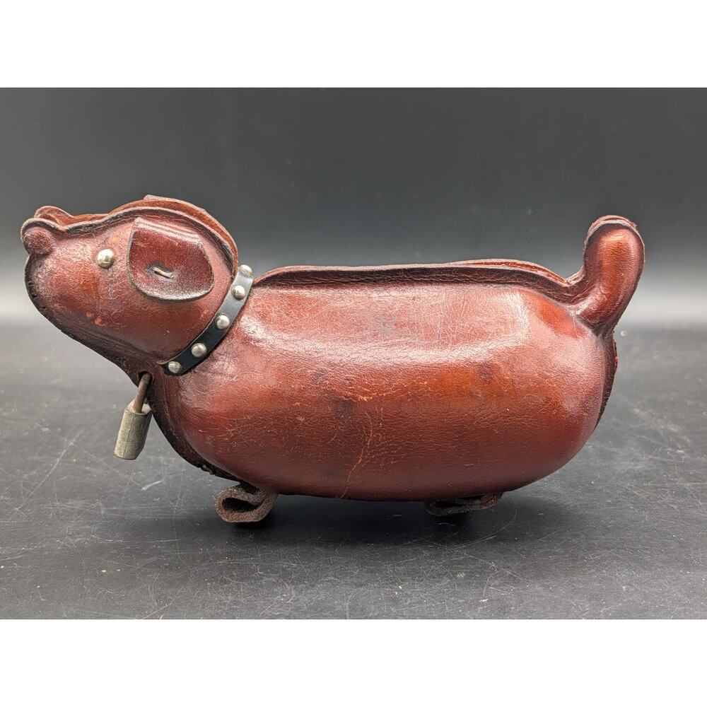 Vintage Leather Dog Piggy Bank w/ Walsco Padlock Made in USA Mid-Century 7.5"